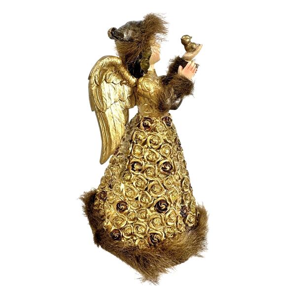 Cracker Barrel Season of Glory Gold Angel with Bird Faux Fur Trim Vintage-Nice! - Picture 4 of 8